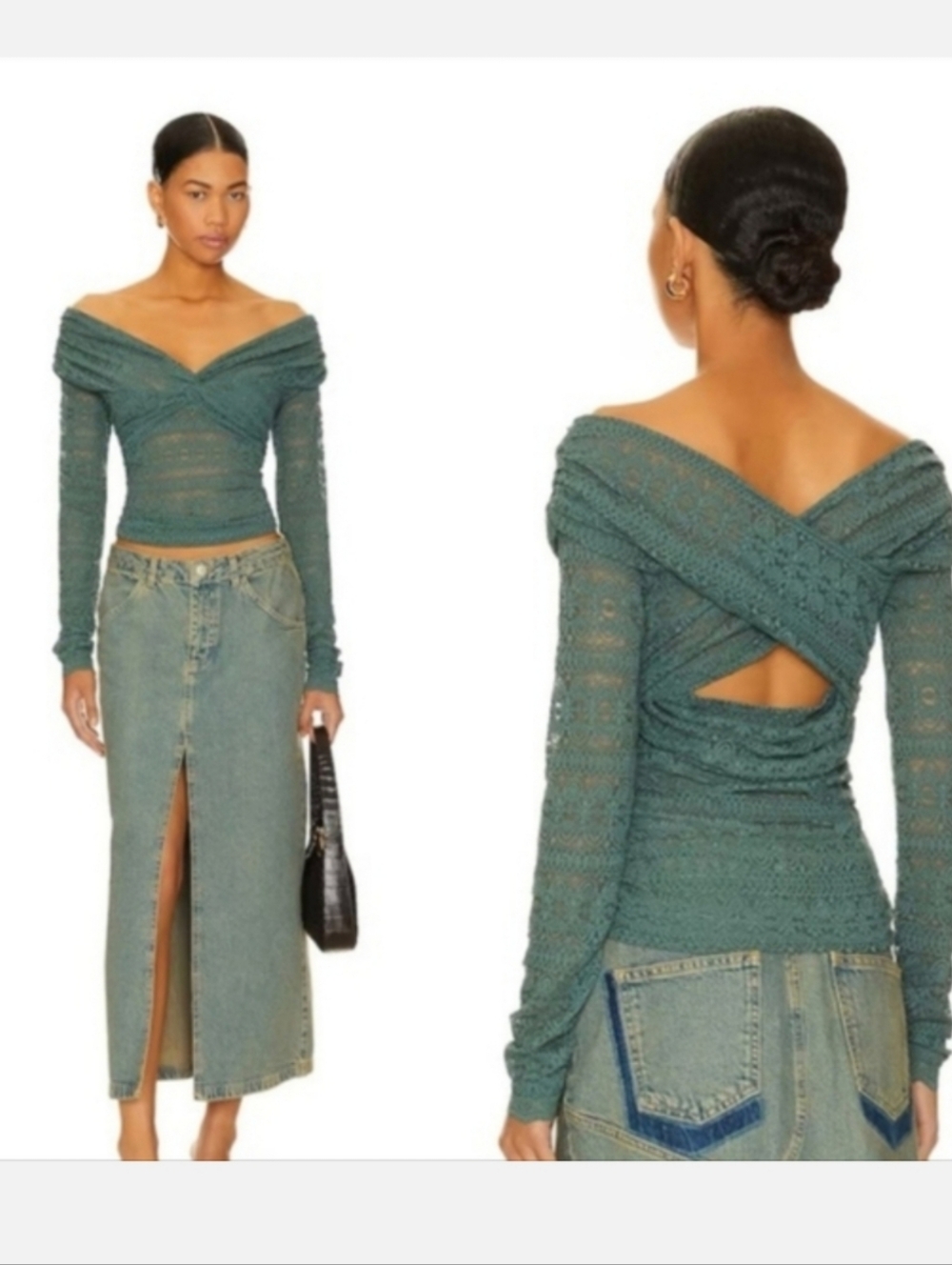 NEW Free People Hold Me Closer Lace Stretch Top In Silver Pine Green Small